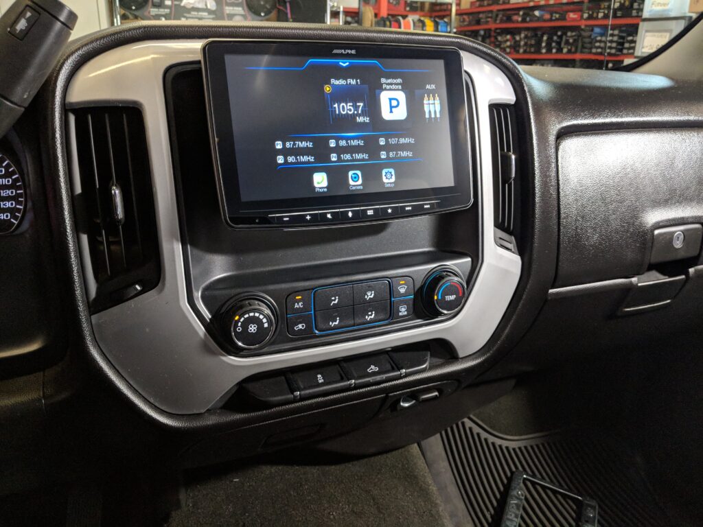 Alpine Halo9 9-inch touchscreen installed in a 2016 Chevrolet Silverado